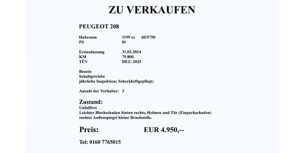 Peugeot 208 79.800 km 4.950 &euro; Neu-Isenburg 63263